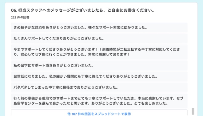 セブ島留学センターのお客様からの帰国後のレビュー画像（一部抜粋）