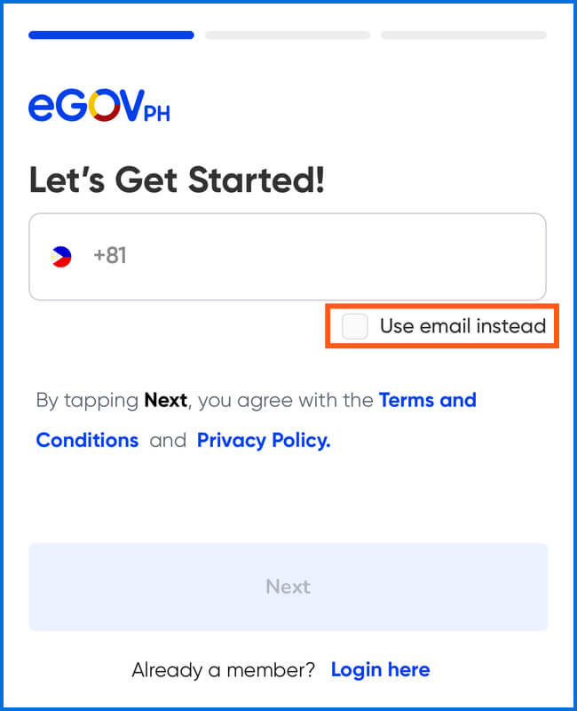 eGovPH（アプリ）のアカウント作成ページ（電話番号・メールアドレス）