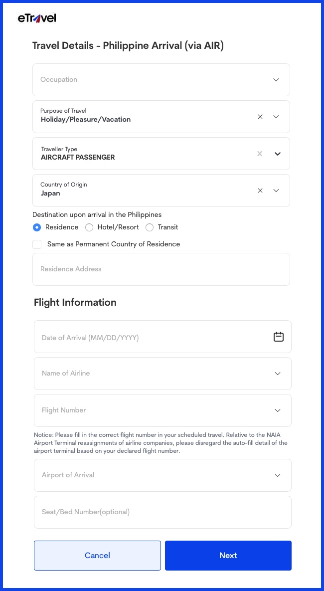 Travel Details / Flight information